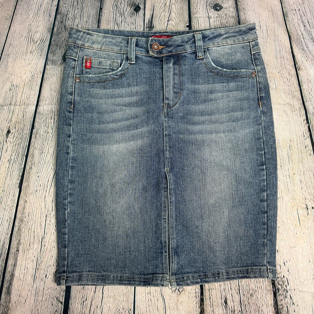 Vtg Y2K South Pole Denim Jean Midi Skit with Red Label Front Slit Juniors Size 9